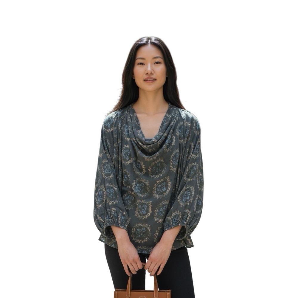 Free People Boho Balloon Sleeve‎ Draped Neck Blouse Gray Blue Medallion Print M